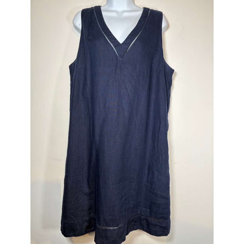 Gap Linen Shift Dress Navy Blue Ladder Stitch V-Neck Sleeveless Preppy Large